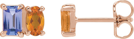 14K Gold Emerald Natural Tanzanite & Natural Citrine Two-Stone Stud Earrings - Rose Gold