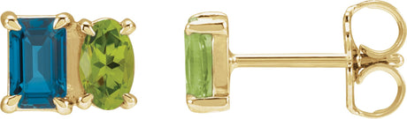 14K Gold Emerald Natural London Blue Topaz & Natural Peridot Two-Stone Stud Earrings - Yellow Gold