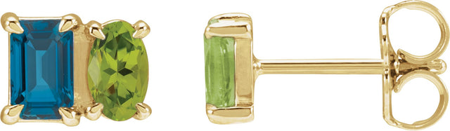 14K Gold Emerald Natural London Blue Topaz & Natural Peridot Two-Stone Stud Earrings - Yellow Gold