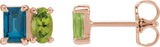 14K Gold Emerald Natural London Blue Topaz & Natural Peridot Two-Stone Stud Earrings - Rose Gold