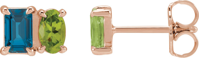 14K Gold Emerald Natural London Blue Topaz & Natural Peridot Two-Stone Stud Earrings - Rose Gold