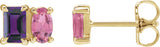 14K Gold Emerald Natural Amethyst & Natural Pink Tourmaline Two-Stone Stud Earrings - Yellow Gold