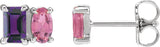 14K Gold Emerald Natural Amethyst & Natural Pink Tourmaline Two-Stone Stud Earrings - White Gold
