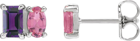 14K Gold Emerald Natural Amethyst & Natural Pink Tourmaline Two-Stone Stud Earrings - White Gold