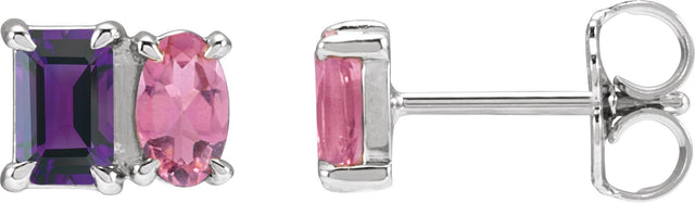 14K Gold Emerald Natural Amethyst & Natural Pink Tourmaline Two-Stone Stud Earrings - White Gold