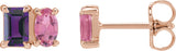 14K Gold Emerald Natural Amethyst & Natural Pink Tourmaline Two-Stone Stud Earrings - Rose Gold