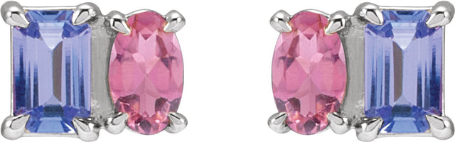 14K Gold Emerald Natural Tanzanite & Natural Pink Tourmaline Two-Stone Stud Earrings - White Gold - view 2