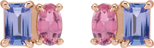 14K Gold Emerald Natural Tanzanite & Natural Pink Tourmaline Two-Stone Stud Earrings - Rose Gold - view 2