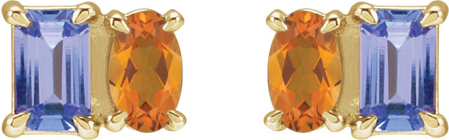 14K Gold Emerald Natural Tanzanite & Natural Citrine Two-Stone Stud Earrings - Yellow Gold - view 2