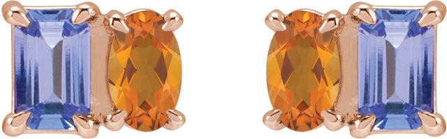 14K Gold Emerald Natural Tanzanite & Natural Citrine Two-Stone Stud Earrings - Rose Gold - view 2