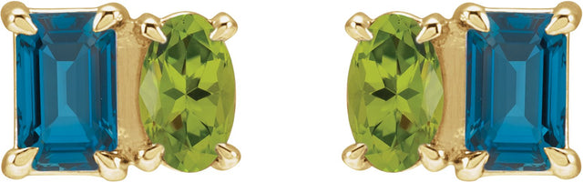 14K Gold Emerald Natural London Blue Topaz & Natural Peridot Two-Stone Stud Earrings - Yellow Gold - view 2