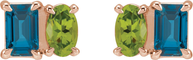 14K Gold Emerald Natural London Blue Topaz & Natural Peridot Two-Stone Stud Earrings - Rose Gold - view 2