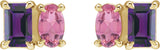 14K Gold Emerald Natural Amethyst & Natural Pink Tourmaline Two-Stone Stud Earrings - Yellow Gold - view 2