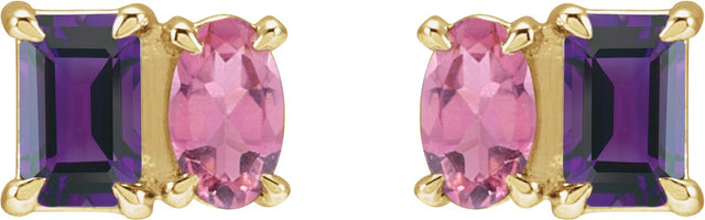 14K Gold Emerald Natural Amethyst & Natural Pink Tourmaline Two-Stone Stud Earrings - Yellow Gold - view 2