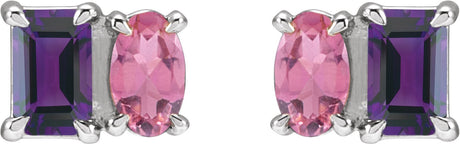 Platinum Emerald Natural Amethyst & Natural Pink Tourmaline Two-Stone Stud Earrings - view 2