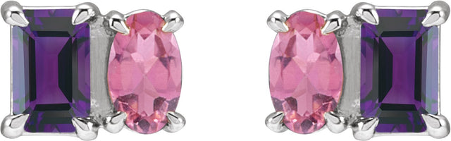 Platinum Emerald Natural Amethyst & Natural Pink Tourmaline Two-Stone Stud Earrings - view 2