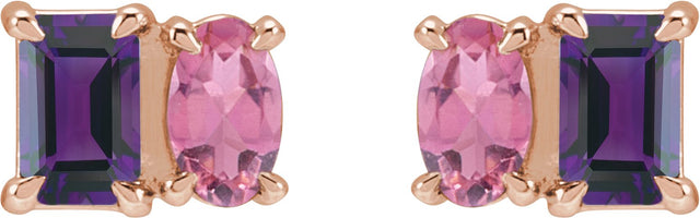 14K Gold Emerald Natural Amethyst & Natural Pink Tourmaline Two-Stone Stud Earrings - Rose Gold - view 2