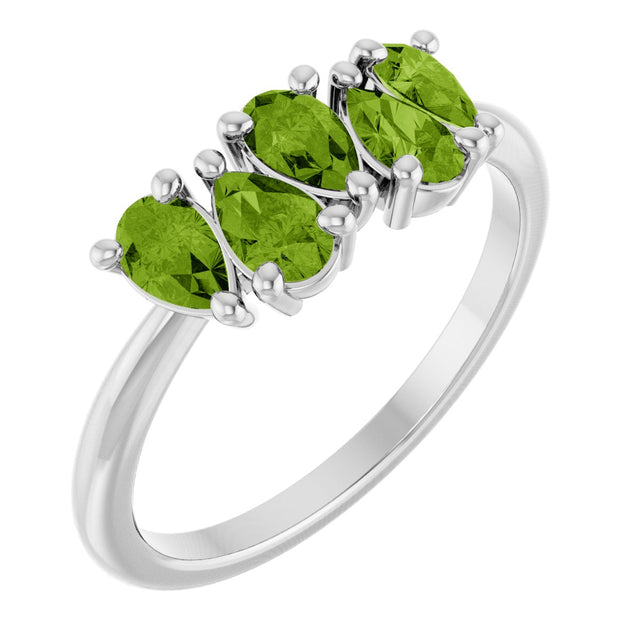 14K Gold Pear Natural Peridot Five-Stone Ring - White Gold