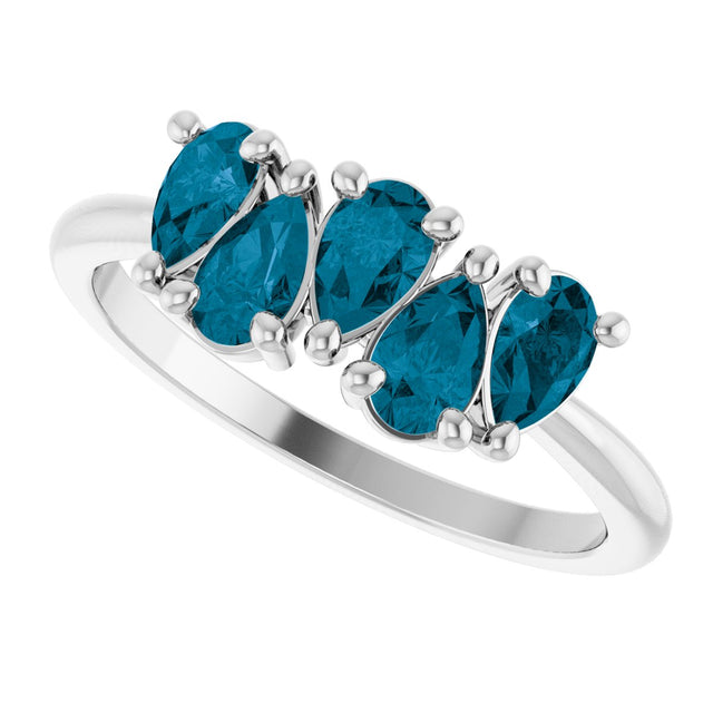 14K Gold Pear Natural London Blue Topaz Five-Stone Ring - White Gold - view 5