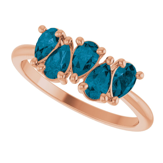 14K Gold Pear Natural London Blue Topaz Five-Stone Ring - Rose Gold - view 5