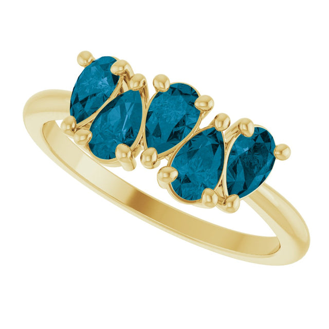 14K Gold Pear Natural London Blue Topaz Five-Stone Ring - Yellow Gold - view 5