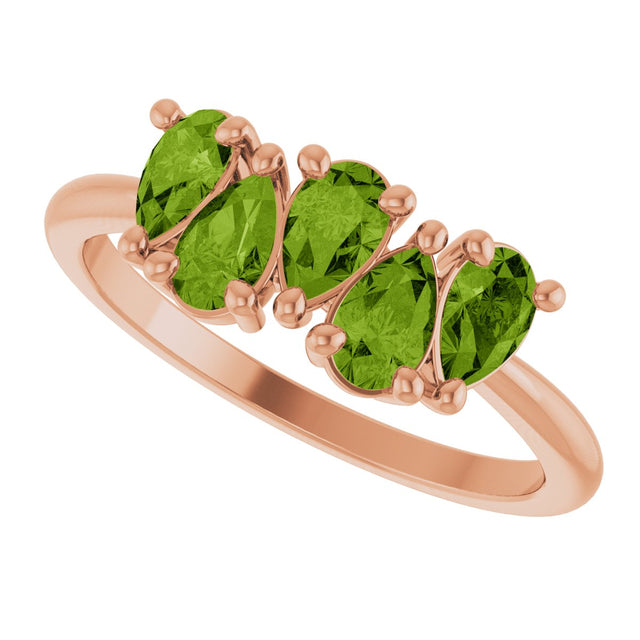 14K Gold Pear Natural Peridot Five-Stone Ring - Rose Gold - view 5