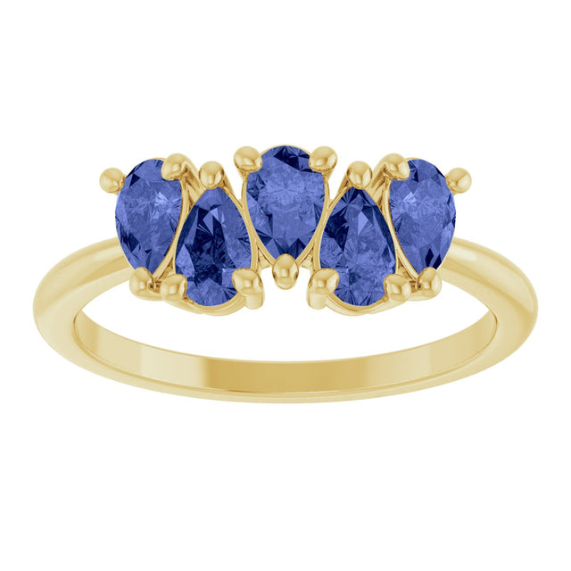 14K Gold Pear Natural Tanzanite Five-Stone Ring - Yellow Gold - view 3