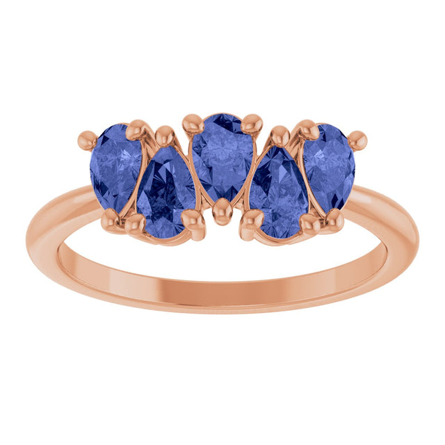 14K Gold Pear Natural Tanzanite Five-Stone Ring - Rose Gold - view 3