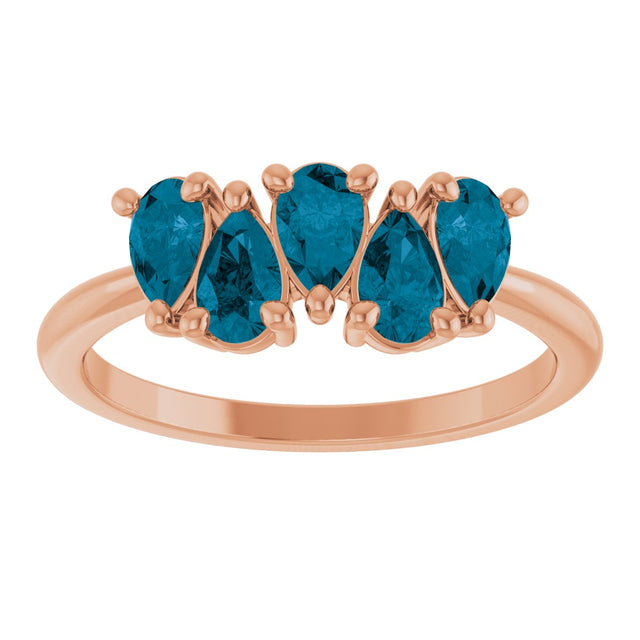 14K Gold Pear Natural London Blue Topaz Five-Stone Ring - Rose Gold - view 3
