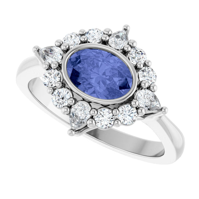 Platinum Oval Natural Tanzanite & Lab-Grown Diamond Halo-Style Ring - view 5