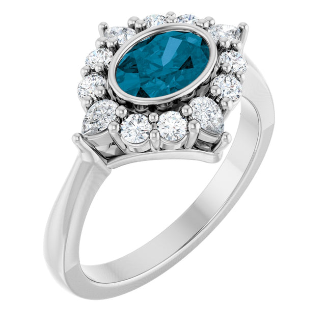 Platinum Oval Natural London Blue Topaz & Lab-Grown Diamond Halo-Style Ring