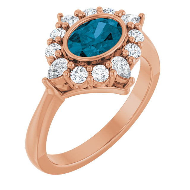 14K Gold Oval Natural London Blue Topaz & Lab-Grown Diamond Halo-Style Ring - Rose Gold
