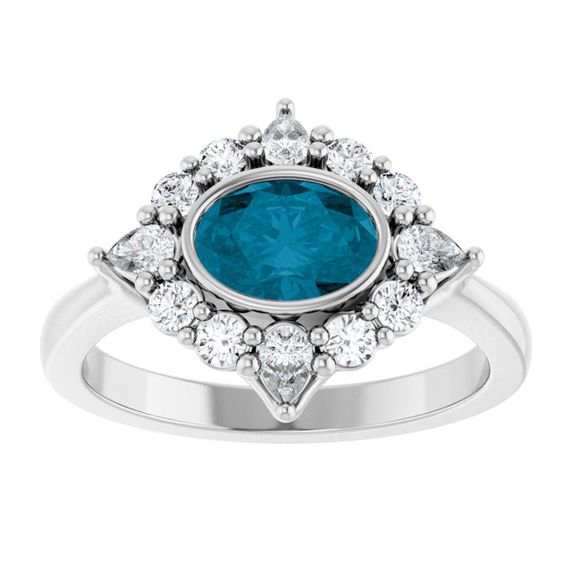 Platinum Oval Natural London Blue Topaz & Lab-Grown Diamond Halo-Style Ring - view 3