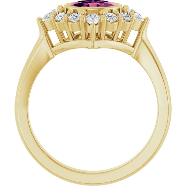 14K Gold Oval Natural Pink Tourmaline & Lab-Grown Diamond Halo-Style Ring - Yellow Gold - view 2