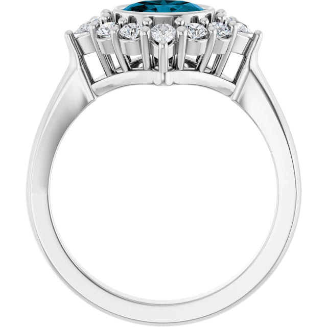 Platinum Oval Natural London Blue Topaz & Lab-Grown Diamond Halo-Style Ring - view 2