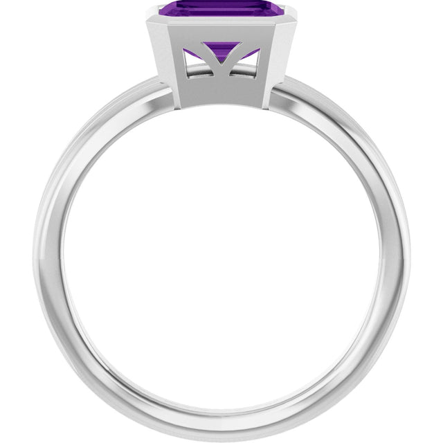 14K Gold Emerald Natural Amethyst Bezel-Set Grooved Solitaire Ring - White Gold - view 2
