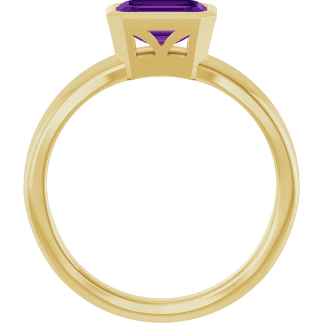 14K Gold Emerald Natural Amethyst Bezel-Set Grooved Solitaire Ring - Yellow Gold - view 2