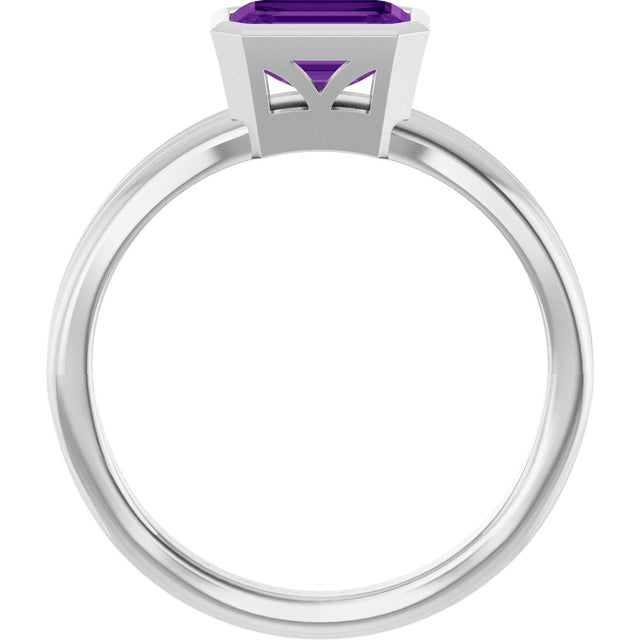 Platinum Emerald Natural Amethyst Bezel-Set Grooved Solitaire Ring - view 2