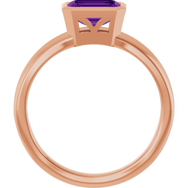14K Gold Emerald Natural Amethyst Bezel-Set Grooved Solitaire Ring - Rose Gold - view 2