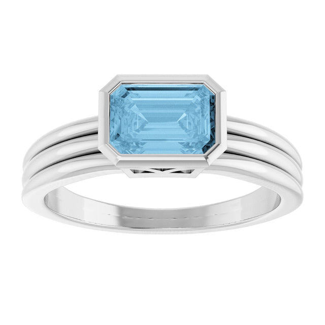 Platinum Emerald Natural Sky Blue Topaz Bezel-Set Grooved Solitaire Ring - view 3