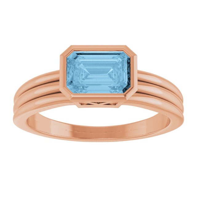 14K Gold Emerald Natural Sky Blue Topaz Bezel-Set Grooved Solitaire Ring - Rose Gold - view 3