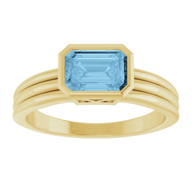 14K Gold Emerald Natural Sky Blue Topaz Bezel-Set Grooved Solitaire Ring - Yellow Gold - view 3