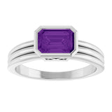 14K Gold Emerald Natural Amethyst Bezel-Set Grooved Solitaire Ring - White Gold - view 3