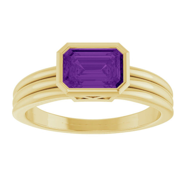 14K Gold Emerald Natural Amethyst Bezel-Set Grooved Solitaire Ring - Yellow Gold - view 3