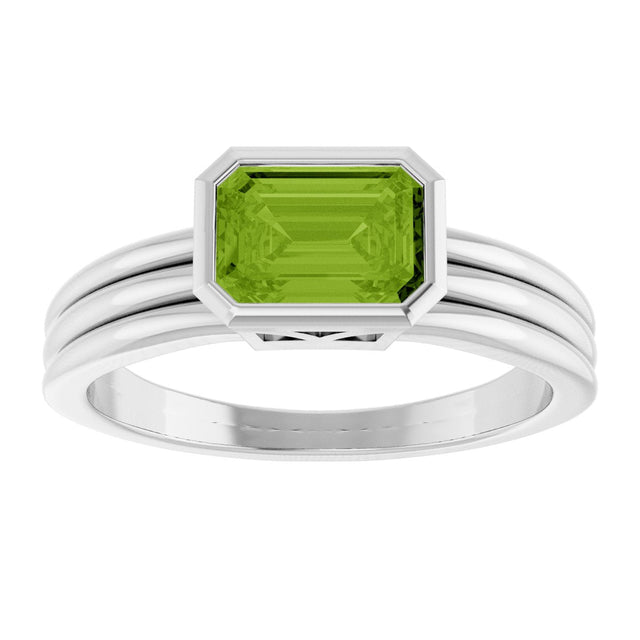 14K Gold Emerald Natural Peridot Bezel-Set Grooved Solitaire Ring - White Gold - view 3