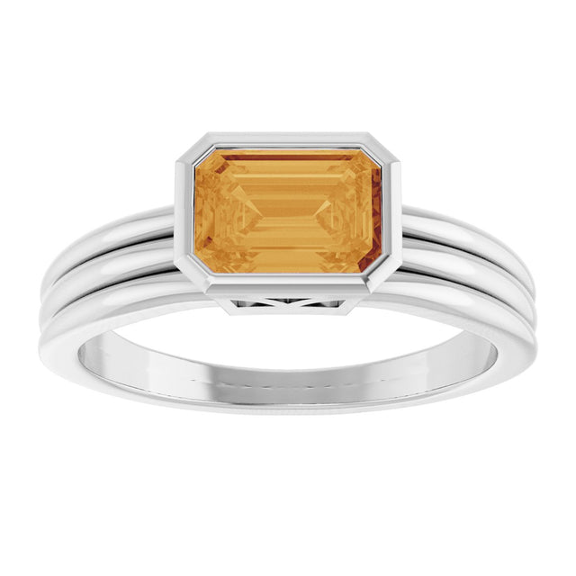 Platinum Emerald Natural Citrine Bezel-Set Grooved Solitaire Ring - view 3