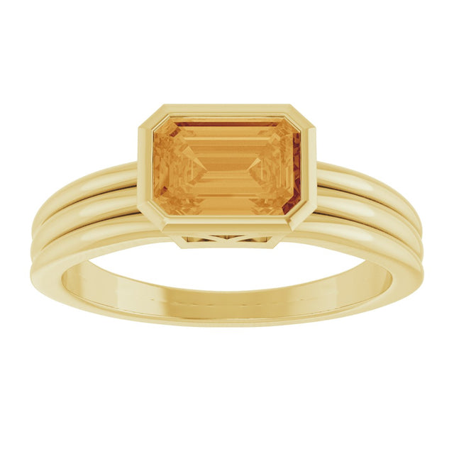 14K Gold Emerald Natural Citrine Bezel-Set Grooved Solitaire Ring - Yellow Gold - view 3