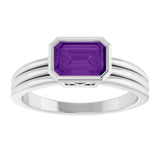 Platinum Emerald Natural Amethyst Bezel-Set Grooved Solitaire Ring - view 3
