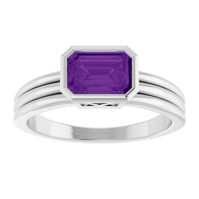 Platinum Emerald Natural Amethyst Bezel-Set Grooved Solitaire Ring - view 3