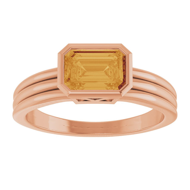 14K Gold Emerald Natural Citrine Bezel-Set Grooved Solitaire Ring - Rose Gold - view 3